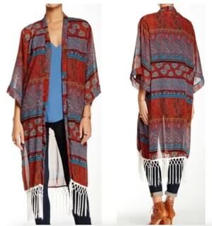 NEW Romeo & Juliet Couture Floral Paisley Open Front Kimono w/ Fringe Hem Size S